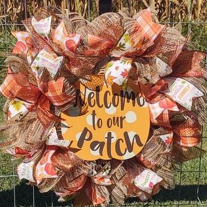 New Hand Crafted Fall Thanksgiving Deco Mesh Ribbon Welcome To Our Patch Wreath